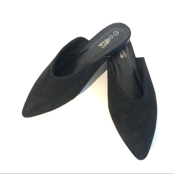 alata Shoes - Black faux suede mule flats with pointy closed toe